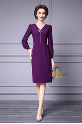 Purple V-neck Beading Long Sleeve Mother Of The Bride Dress