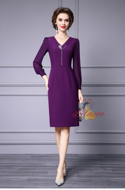 Purple V-neck Beading Long Sleeve Mother Of The Bride Dress