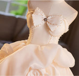 Champagne Tulle Strapless Flower Bow Wedding Dress