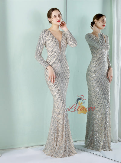 Mermaid Sequins Long Sleeve V-neck Prom Dress