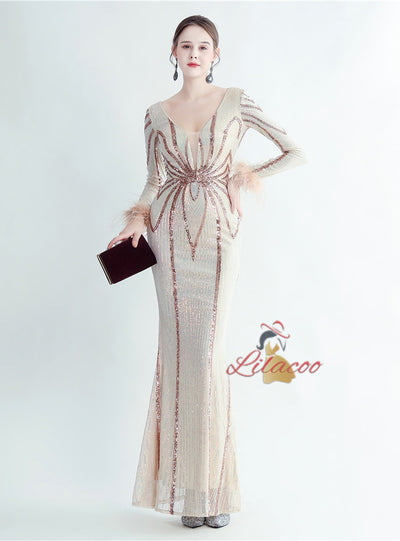 Long Sleeve Mermaid V-neck Sequins Prom Dress