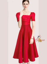 Solid Color Slim Waist Square Neck Dress