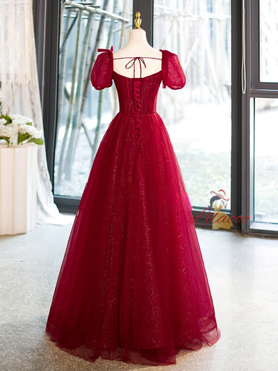 Burgundy Tulle Puff Sleeve Beading Prom Dress