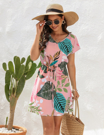 Floral Printed V-neck Short Sleeve Loose Dress
