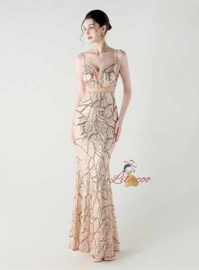 Spaghetti Straps Beading Sequins Prom Dress