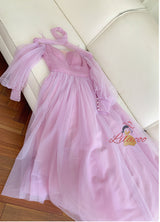 Purple Tulle Long Sleeve Pleats Prom Dress