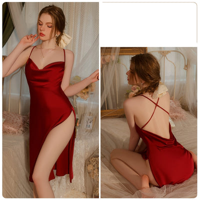 Deep V Backless Suspender Nightdress Suit