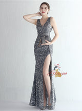 V-neck Mermaid Sequins Split Prom Dress