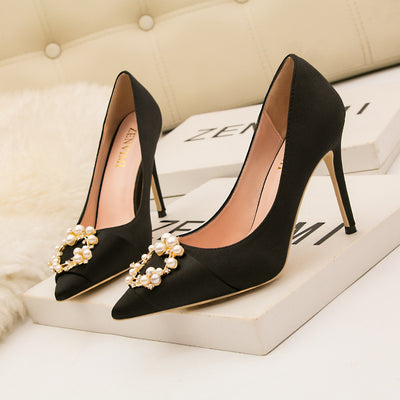 Thin High-heeled Pointed Satin Pearl Buckle Shoes