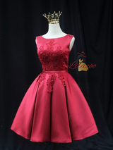 Burgundy Satin Appliques Homecoming Dress