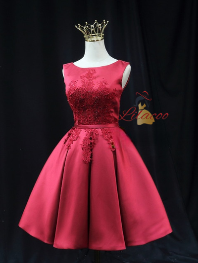 Burgundy Satin Appliques Homecoming Dress