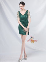 V-neck Sequins Beading Mini Prom Dress