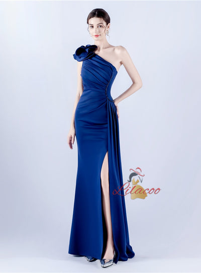 One Shoulder Pleats Flower Prom Dress