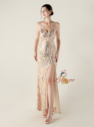 Mermaid Sequins Spaghetti Straps Feather Prom Dress