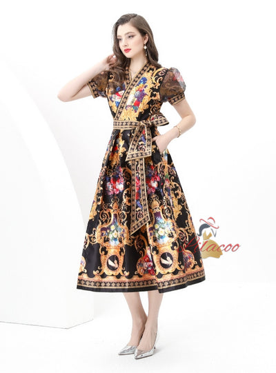 Palace V-neck Mesh Bubble Sleeve Printed Dress