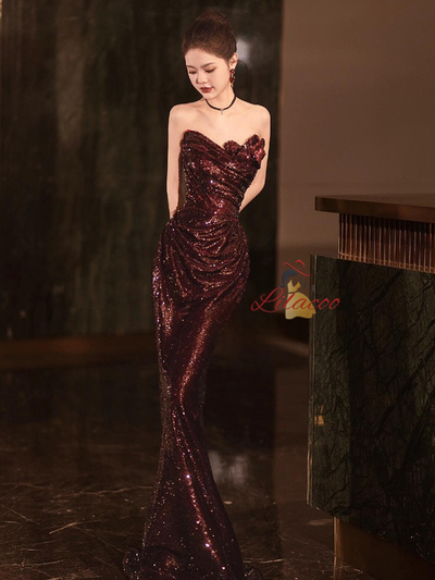Burgundy Mermaid Pleats Strapless Prom Dress