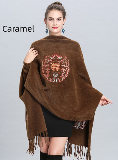 Embroidered Knitted Fringed Long Shawl