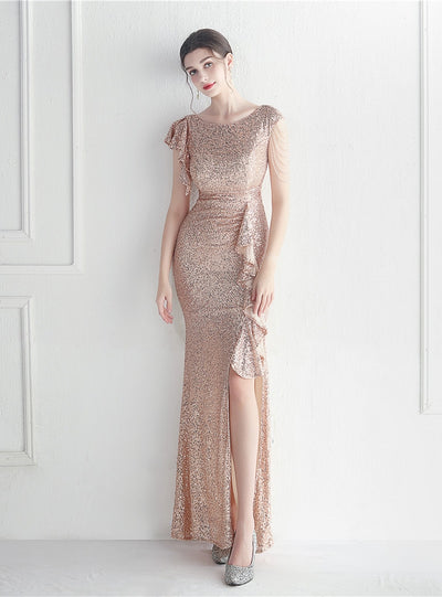 Sequins Cap Sleeve Beadin Split Prom Dress