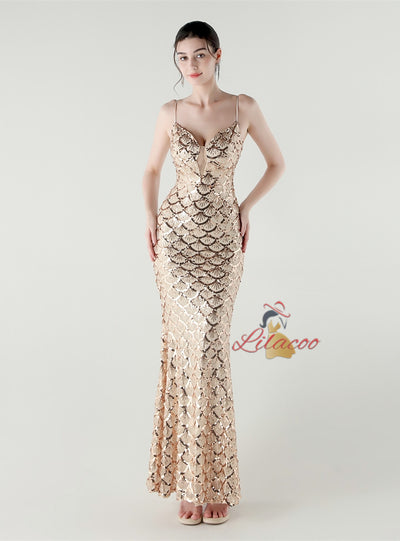 Spaghetti Straps Mermaid Sequins Prom Dress