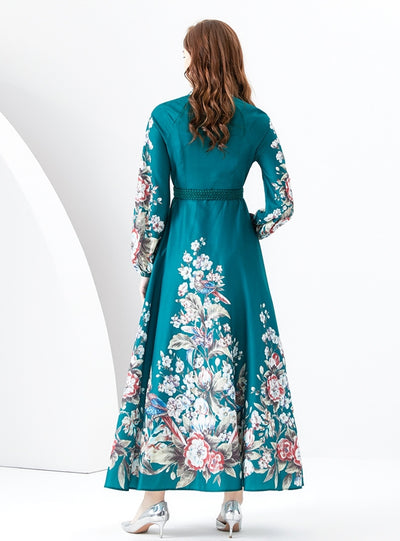 Retro Long-sleeved Stand-up Collar Printed Dress