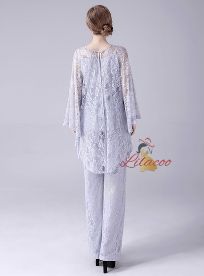 Gray Chiffon Lace 3 Piece Mother Of The Bride Dress