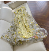 Yellow Tulle Print 3D Flower Prom Dress