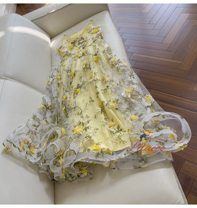 Yellow Tulle Print 3D Flower Prom Dress