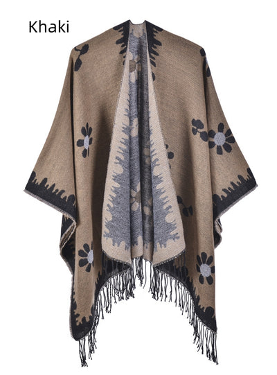 Flower Knit Cardigan Tassel Split Warm Cloak