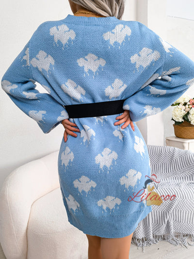 Contrasting Clouds Lantern Sleeve Sweater Dress