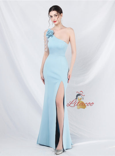 One Shoulder Mermaid Split Beading Prom Dress