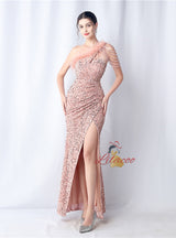 One Shoulder Sequins Split Prom Dress