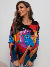 Round Neck Cat Print Long Sleeve Sweater