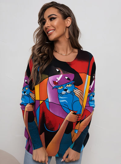 Round Neck Cat Print Long Sleeve Sweater