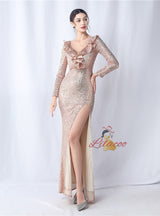 Long Sleeve V-neck Sequins Split Prom Dress