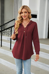 V-neck Loose Long-sleeved Hooded Top
