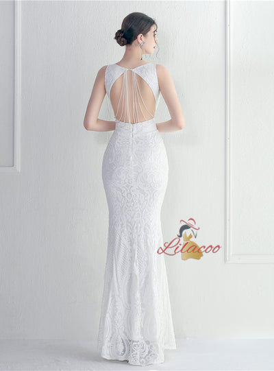 Mermaid Scoop Neck Backless Beading Prom Dress
