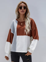 Crew Neck Pullover Back Strap Splicing Sweater