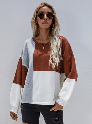 Crew Neck Pullover Back Strap Splicing Sweater