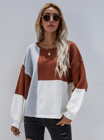 Crew Neck Pullover Back Strap Splicing Sweater