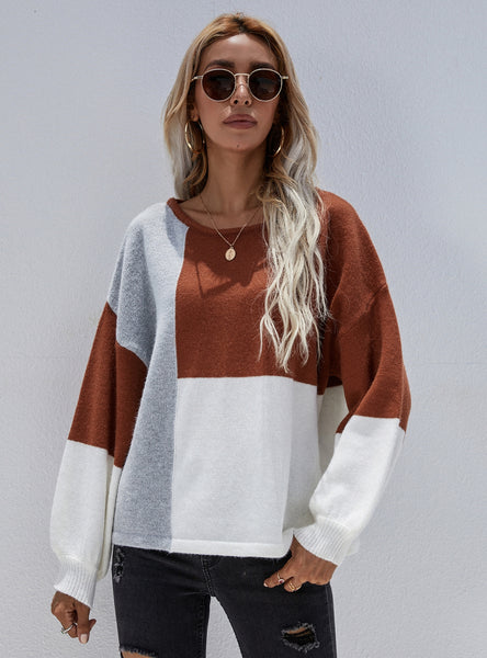Crew Neck Pullover Back Strap Splicing Sweater