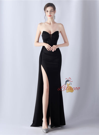 Mermaid Strapless Pleats Beading Split Prom Dress