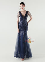 Mermaid Sequins Tulle V-neck Beading Prom Dress
