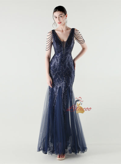 Mermaid Sequins Tulle V-neck Beading Prom Dress