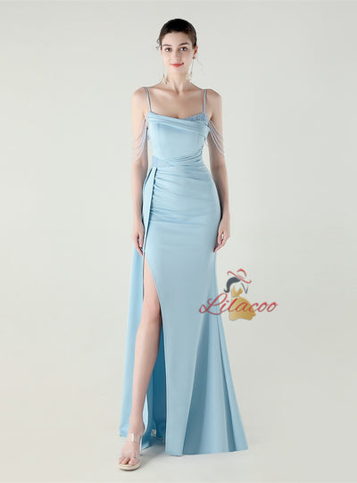 Burgundy Mermaid Spaghetti Straps Beading Prom Dress