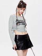 Drawstring Tie Round Neck Letter Long Sleeve T-shirt