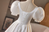 White Satin Lace Puff Sleeve Wedding Dress