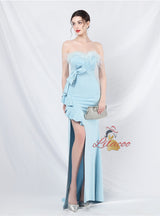 Mermaid Strapless Feather Split Prom Dress