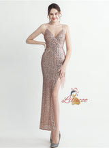 Spaghetti Straps Sequins Split Prom Dress