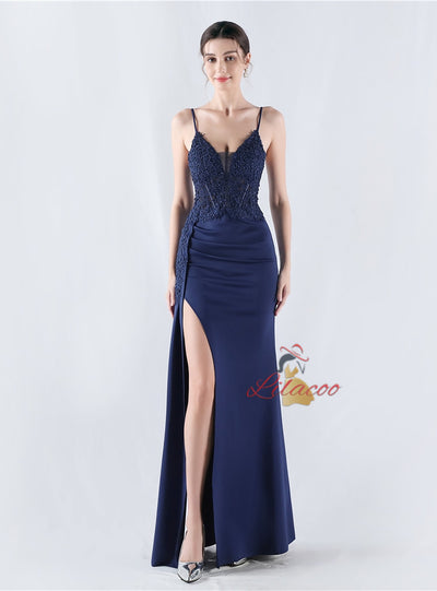 Mermaid Spaghetti Straps Lace Appliques Split Prom Dress