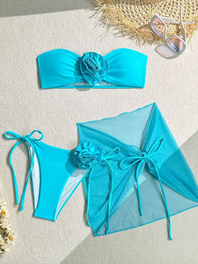 Three-piece Three-dimensional Flower Strap Beach Swimsuit